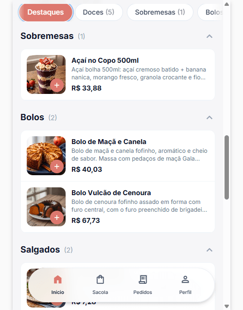 Cardápio digital do Gestly no celular, com fotos, descrições e preços dos produtos