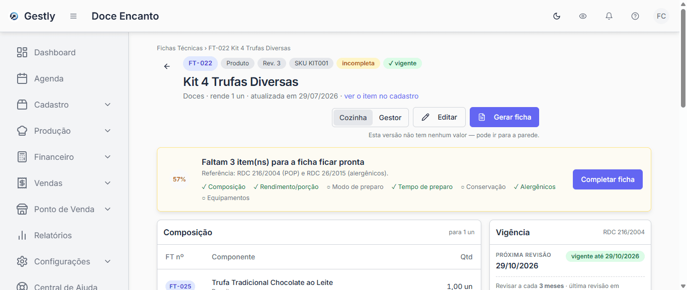 Ficha técnica FT-022 do Kit 4 Trufas Diversas, com revisão, vigência e composição