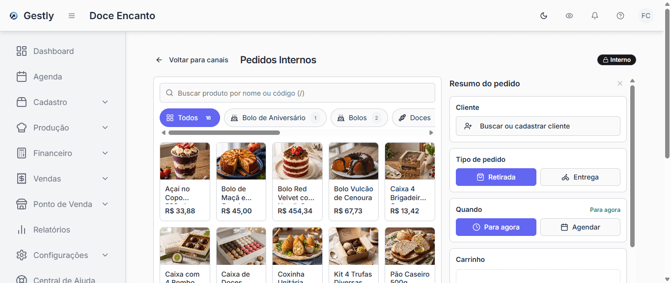 PDV do Gestly com grade de produtos, fotos, resumo do pedido e opções de retirada ou entrega
